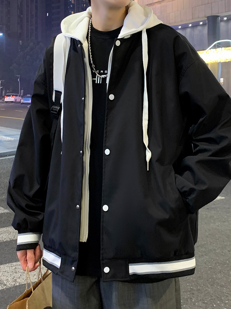 男士外套春秋冬季2025新款假两件休闲夹克男生工装潮牌加厚上衣服